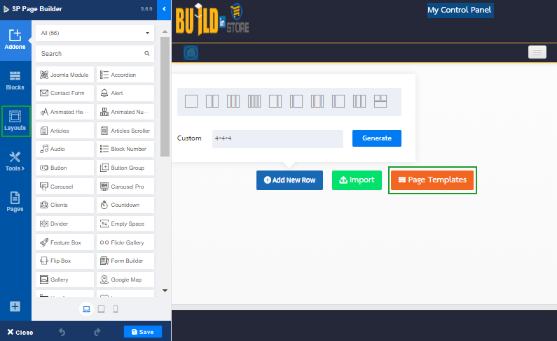 การใช้งานเทมเพลต คลิ้กที่เมนู Layouts หรือ Page Templates เพื่อทำการเลือกเทมเพลต