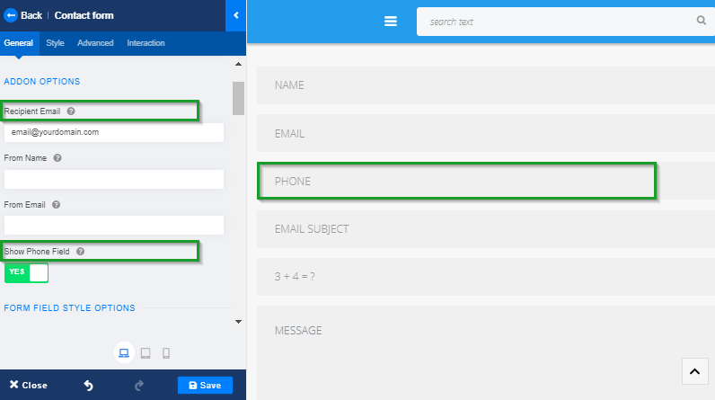 หน้าตั้งค่า Contact form (Recipient email)